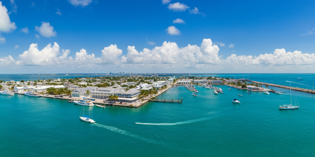 Key West Aerial View Aerial view of Key West harbor with boats and turquoise water